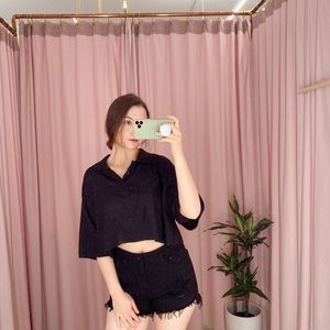 Vintage Cropped Black Polo Henley Top Shirt